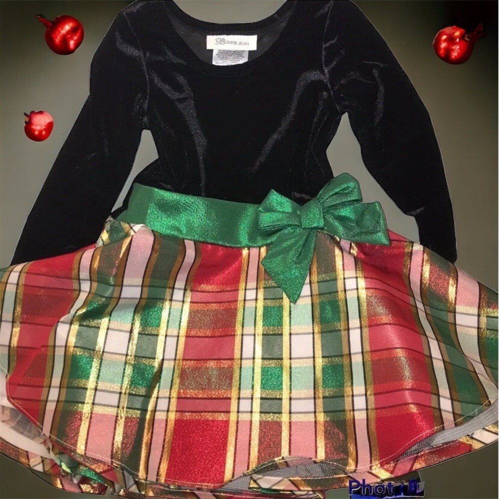 Toddler Girl Bonnie Jean Black Velvet Christmas Holiday Dress Size 2t Green Red